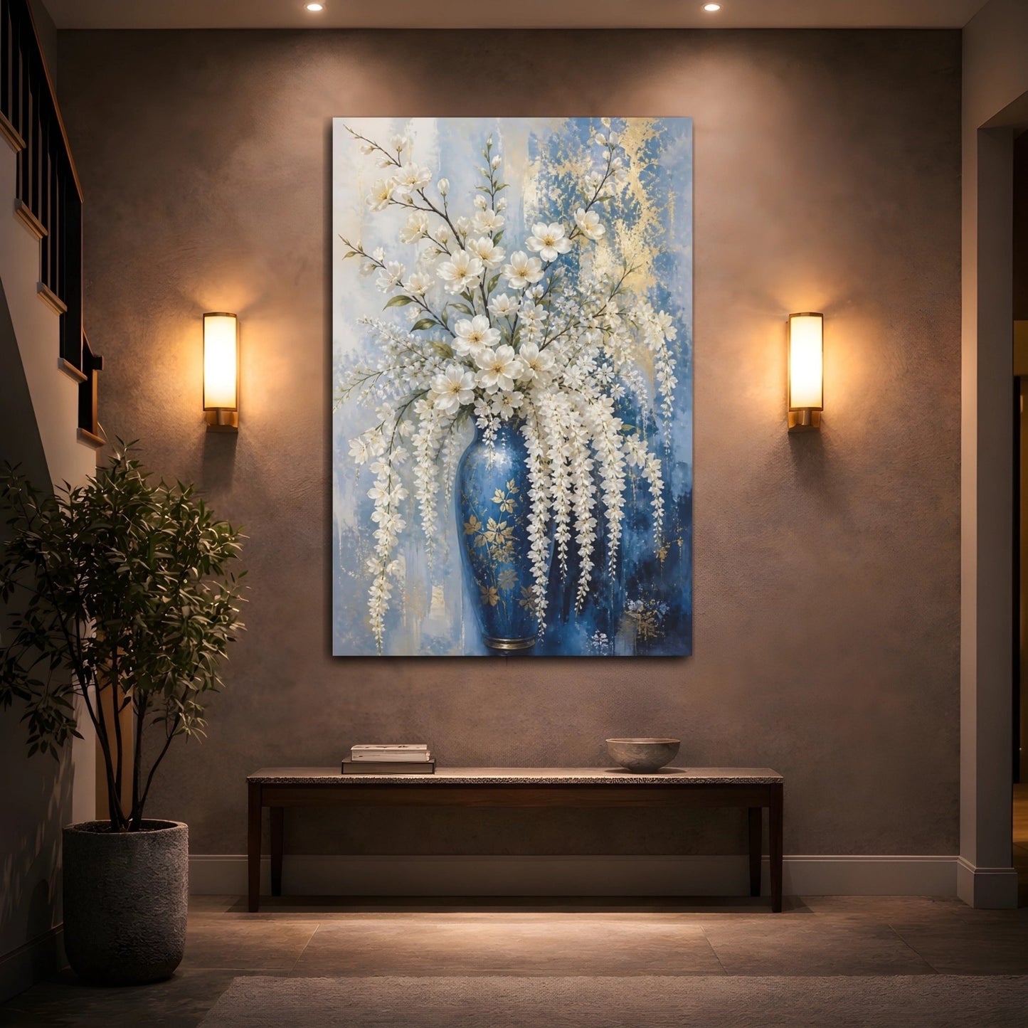 Floral White Flowers Blue And Canvas Print – Living Room, Above Fireplace - YesArtYes