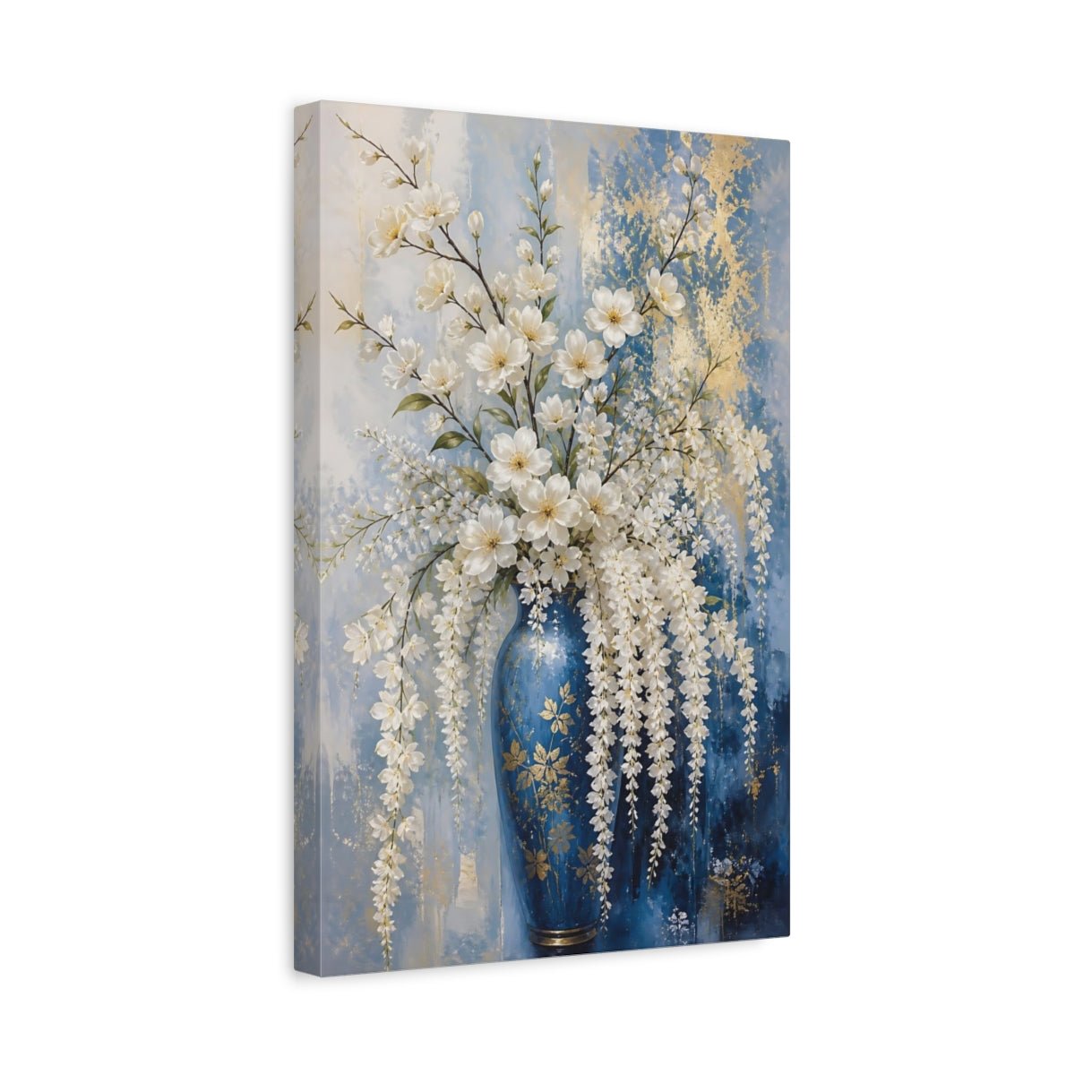Floral White Flowers Blue And Canvas Print – Living Room, Above Fireplace - YesArtYes