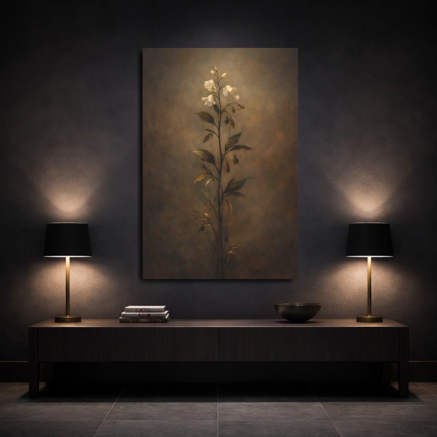 Mockup 2. Floral White Flowers Brown White Floral shown as stretched canvas wall art