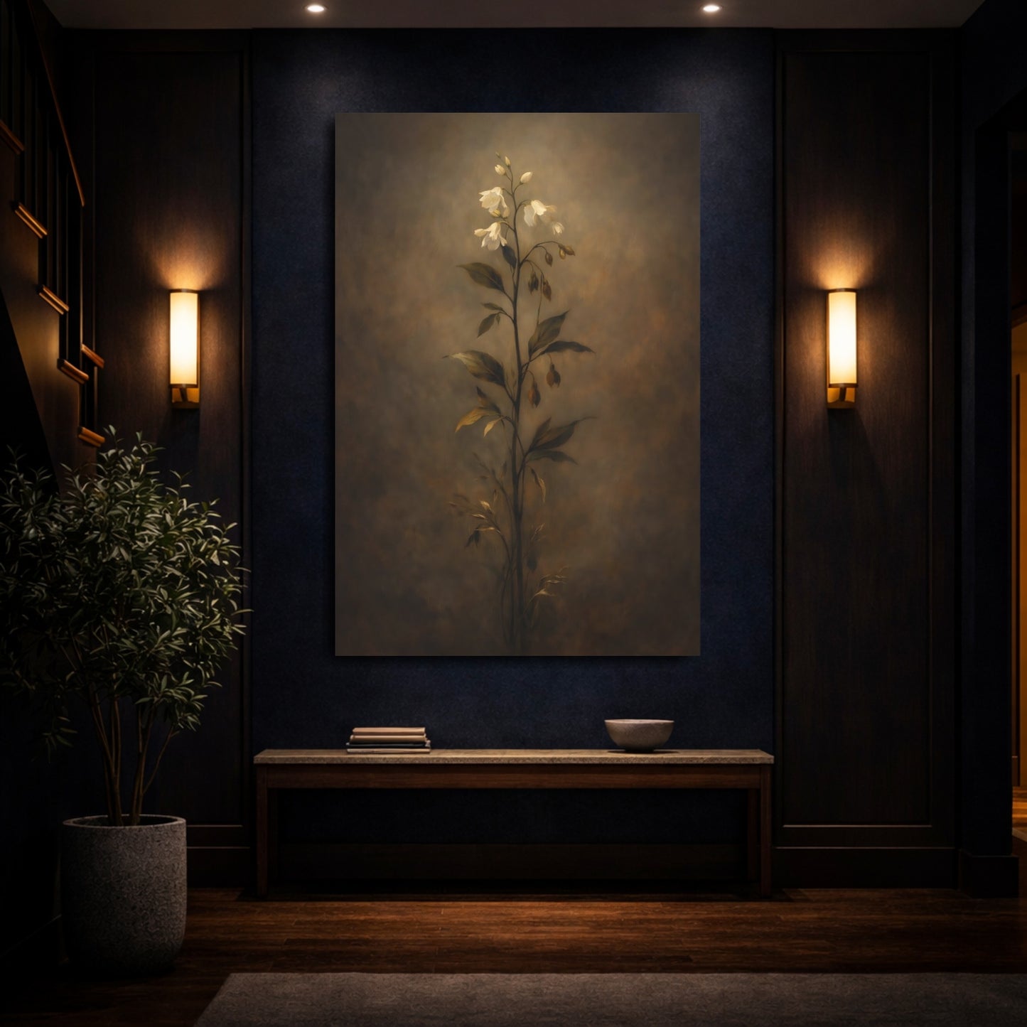 Mockup 3. Floral White Flowers Brown White Floral shown as stretched canvas wall art