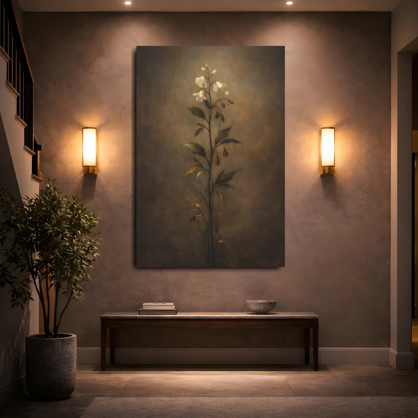 Mockup 4. Floral White Flowers Brown White Floral shown as stretched canvas wall art