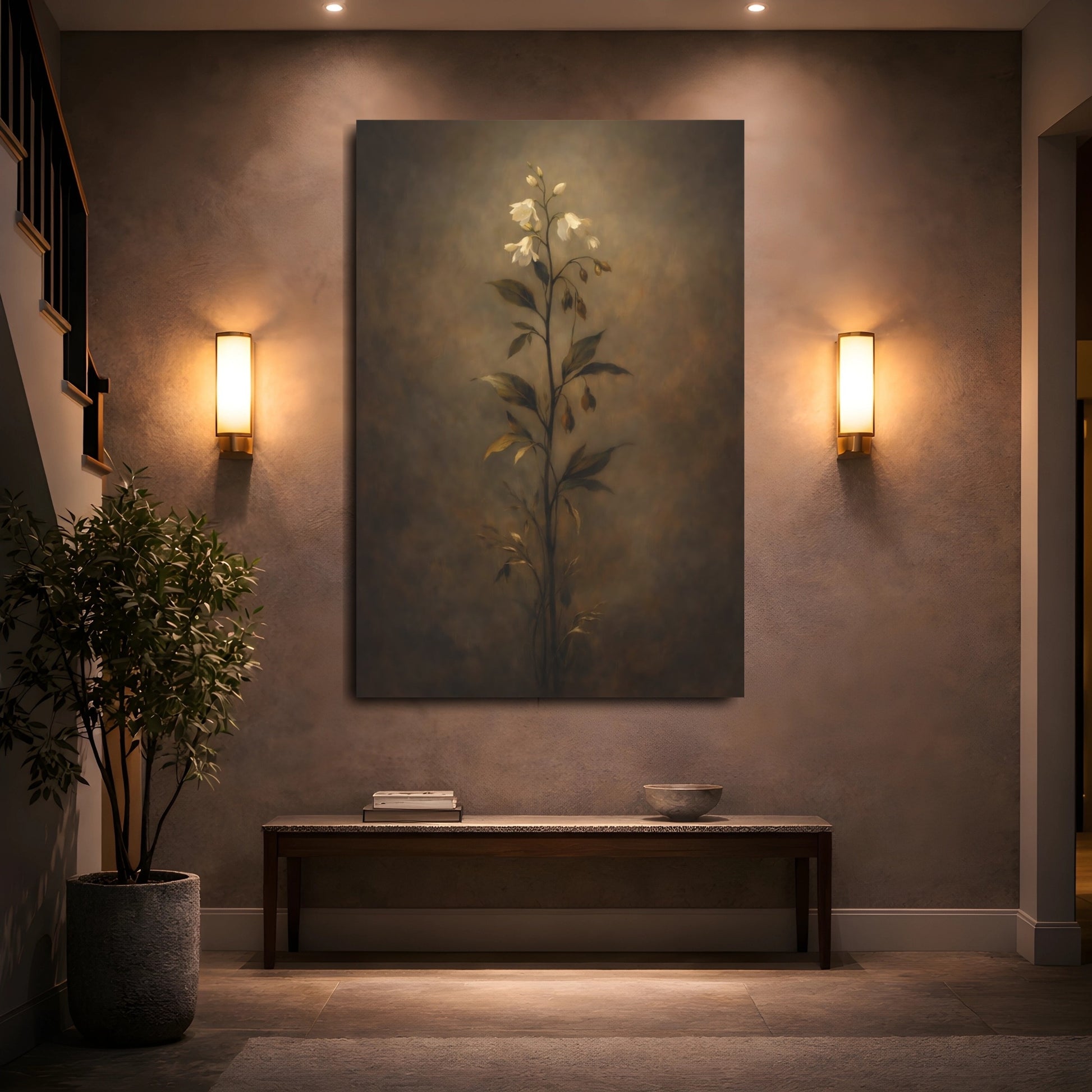 Mockup 4. Floral White Flowers Brown White Floral shown as stretched canvas wall art