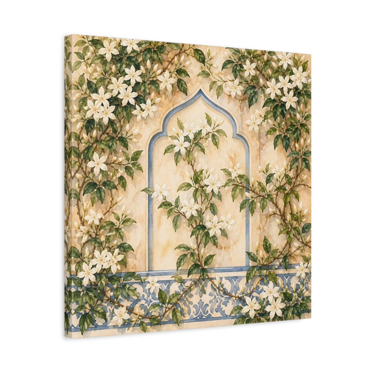 Side Mockup 5. Floral White Flowers Cream And Blue Floral shown as stretched canvas wall art