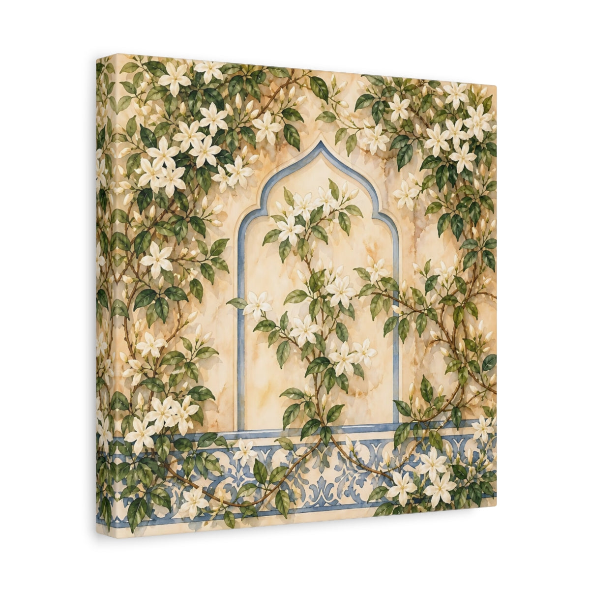Side Mockup 8. Floral White Flowers Cream And Blue Floral shown as stretched canvas wall art
