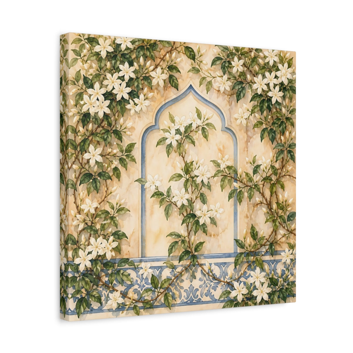 Side Mockup 6. Floral White Flowers Cream And Blue Floral shown as stretched canvas wall art