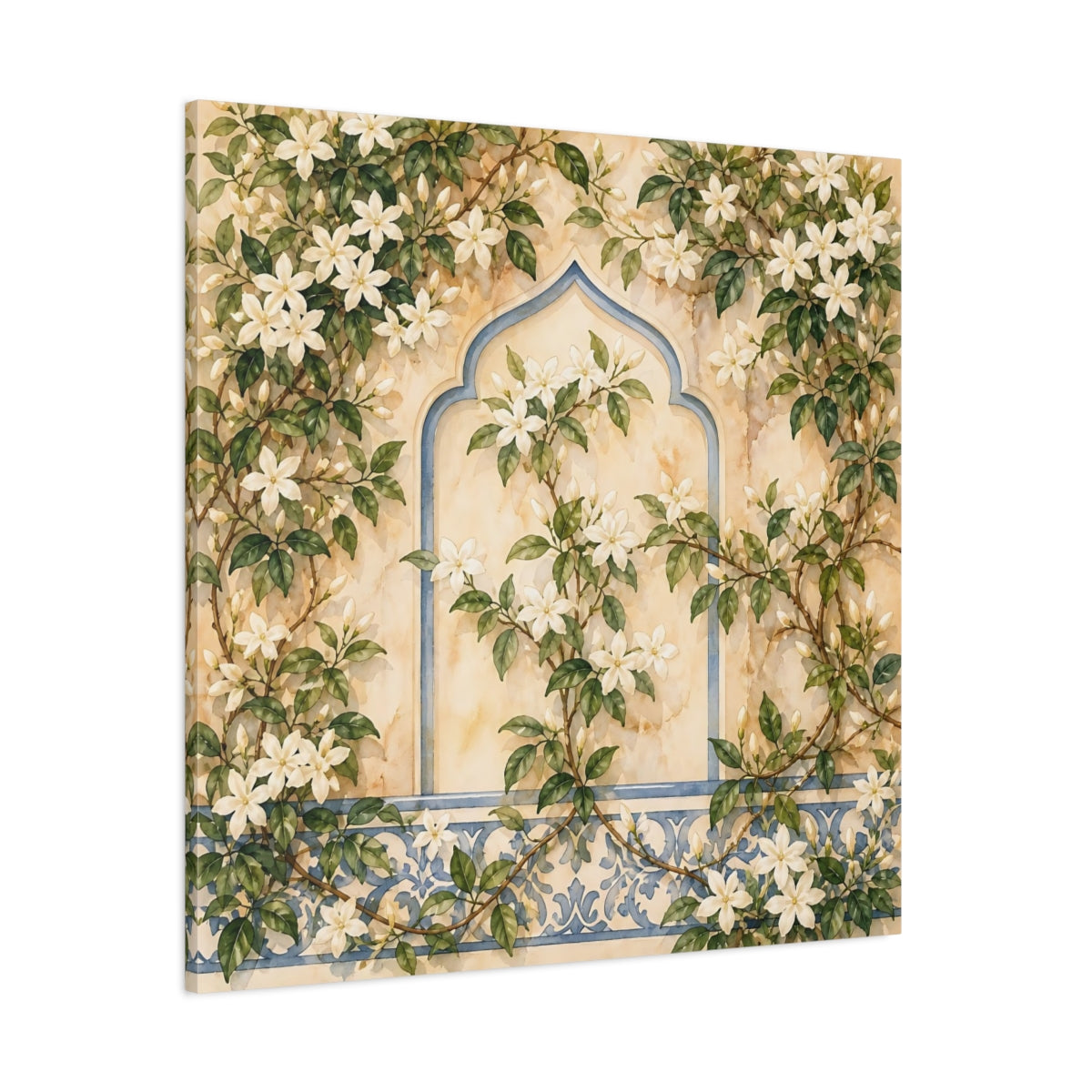 Side Mockup 1. Floral White Flowers Cream And Blue Floral shown as stretched canvas wall art