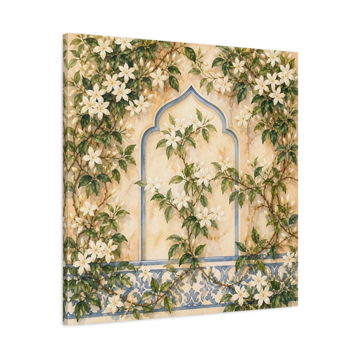 Side Mockup 3. Floral White Flowers Cream And Blue Floral shown as stretched canvas wall art