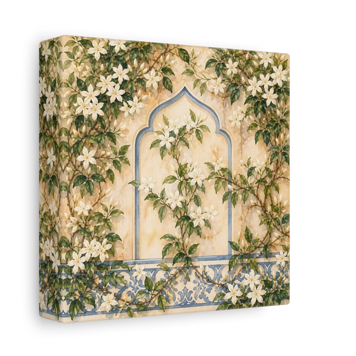 Side Mockup 2. Floral White Flowers Cream And Blue Floral shown as stretched canvas wall art