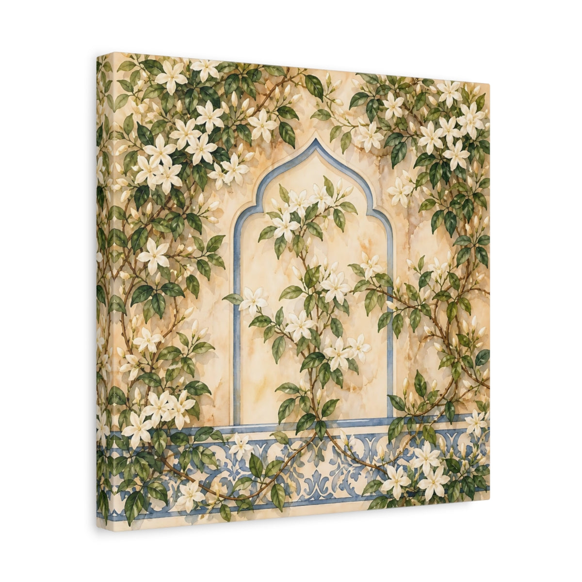 Side Mockup 7. Floral White Flowers Cream And Blue Floral shown as stretched canvas wall art