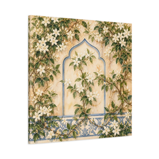 Main Mockup. Floral White Flowers Cream And Blue Floral shown as stretched canvas wall art