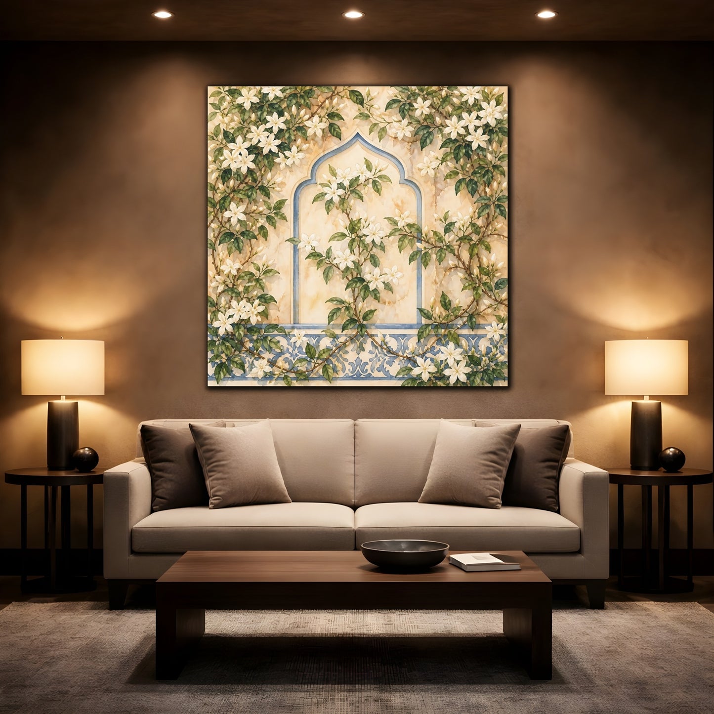 Mockup 2. Floral White Flowers Cream And Blue Floral shown as stretched canvas wall art