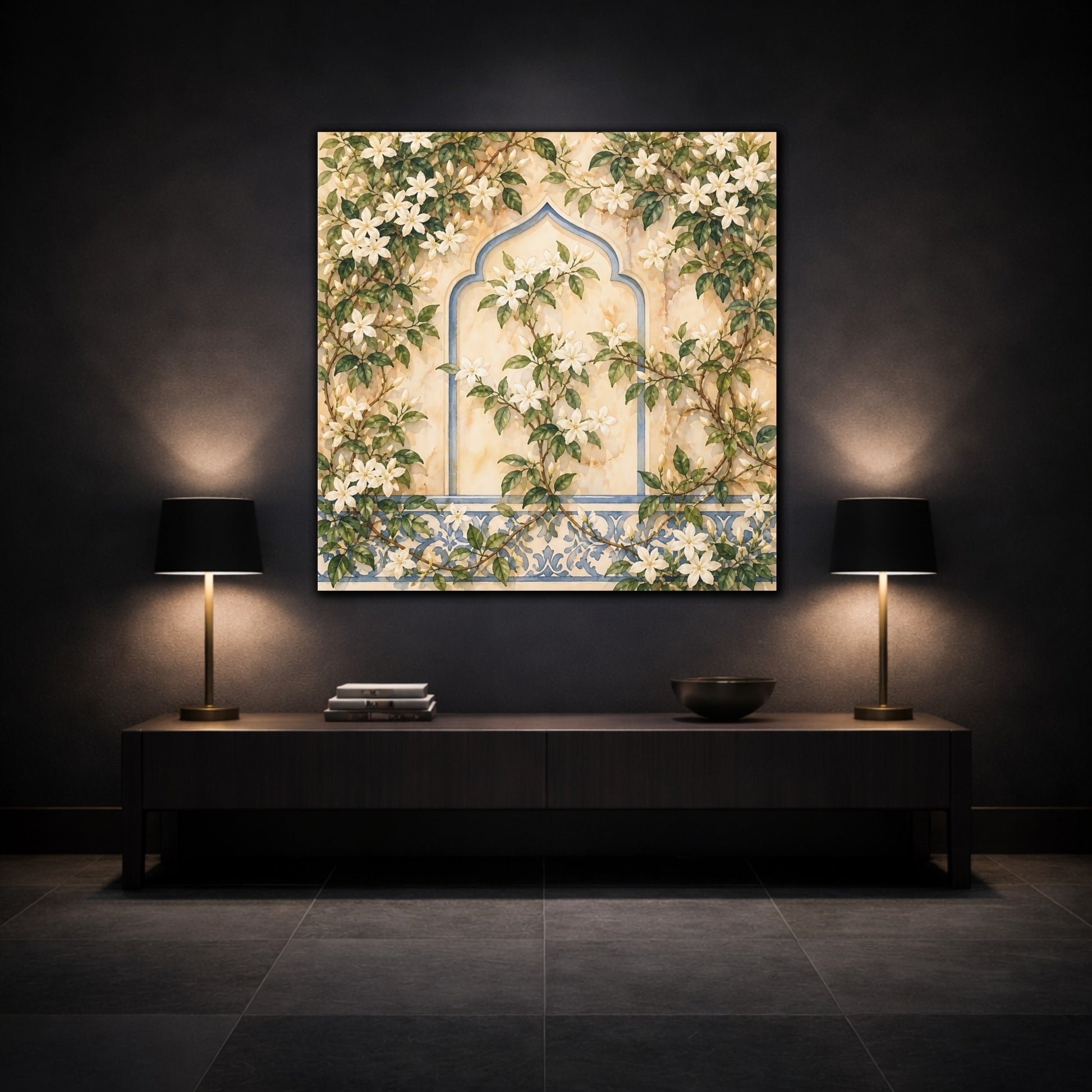 Mockup 3. Floral White Flowers Cream And Blue Floral shown as stretched canvas wall art