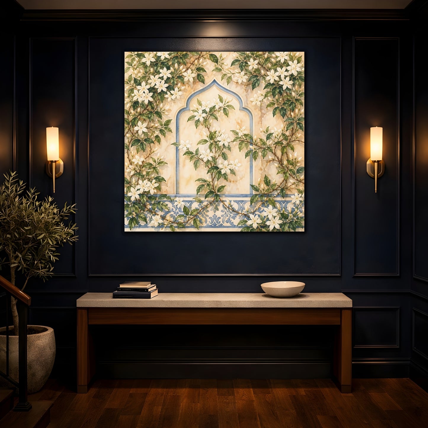 Mockup 4. Floral White Flowers Cream And Blue Floral shown as stretched canvas wall art