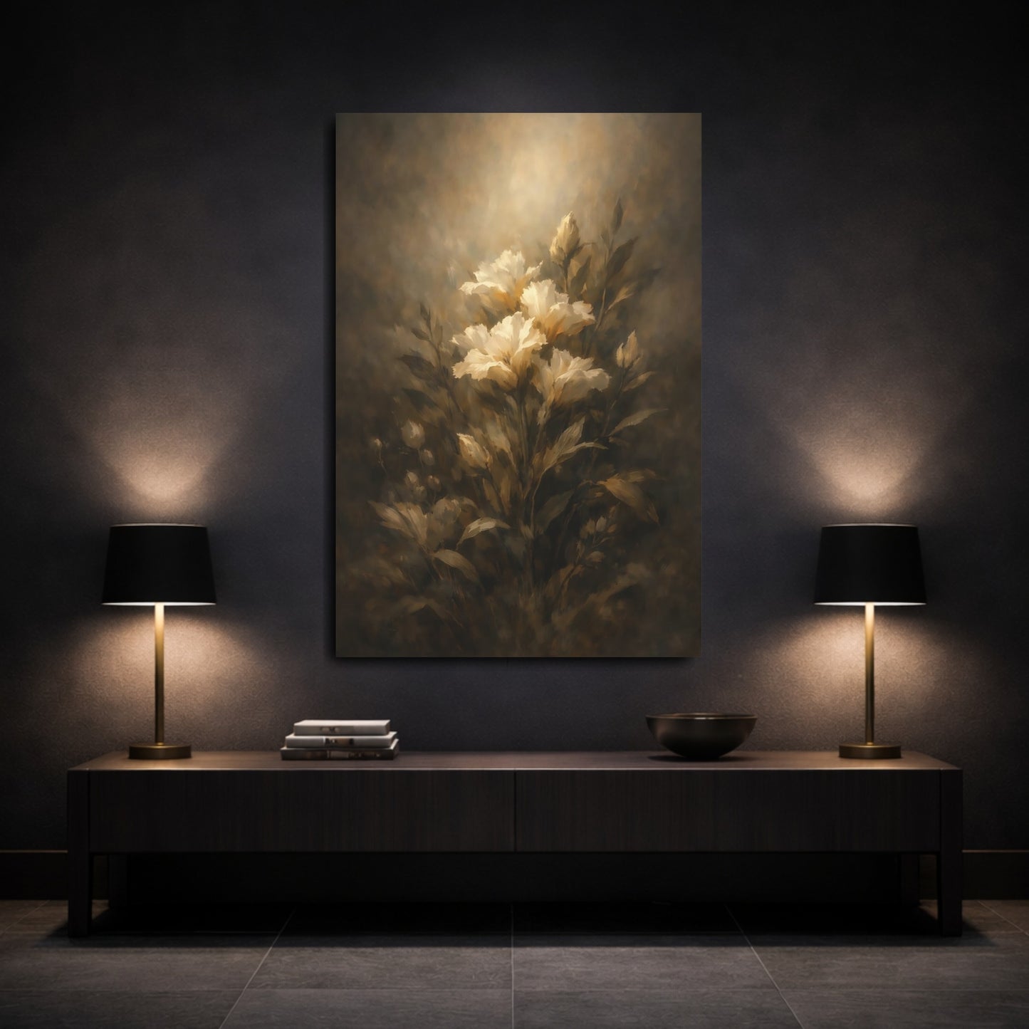 Mockup 2. Floral White Flowers Dark Floral Art shown as stretched canvas wall art
