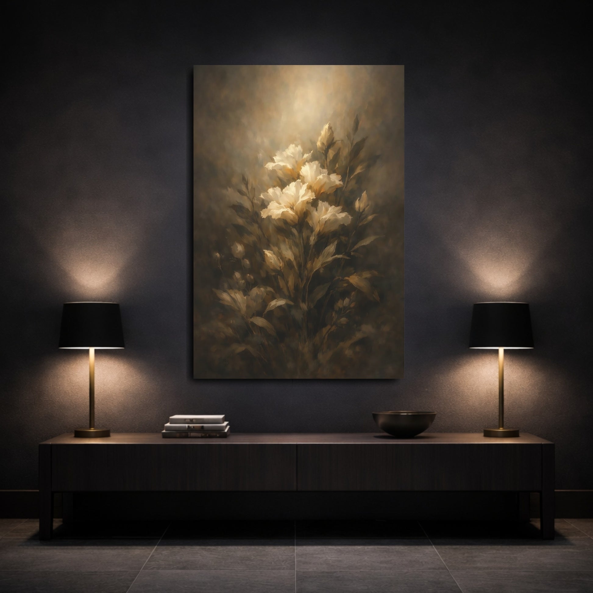 Mockup 2. Floral White Flowers Dark Floral Art shown as stretched canvas wall art
