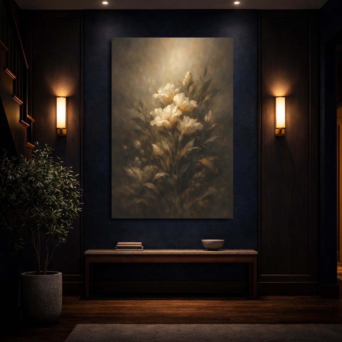 Mockup 3. Floral White Flowers Dark Floral Art shown as stretched canvas wall art
