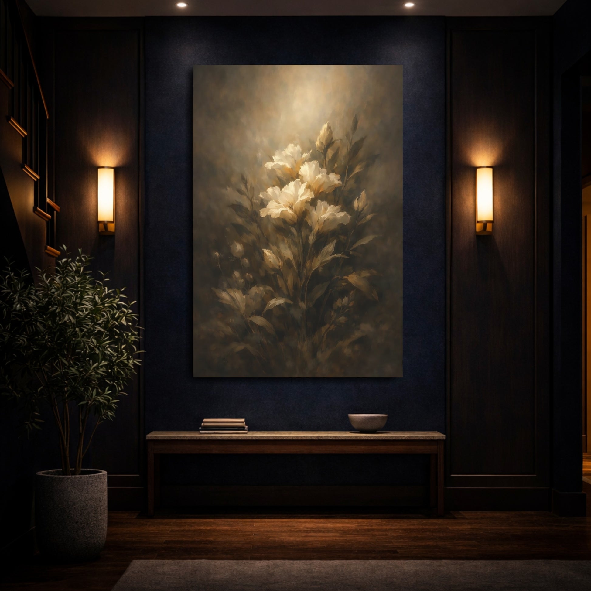 Mockup 3. Floral White Flowers Dark Floral Art shown as stretched canvas wall art