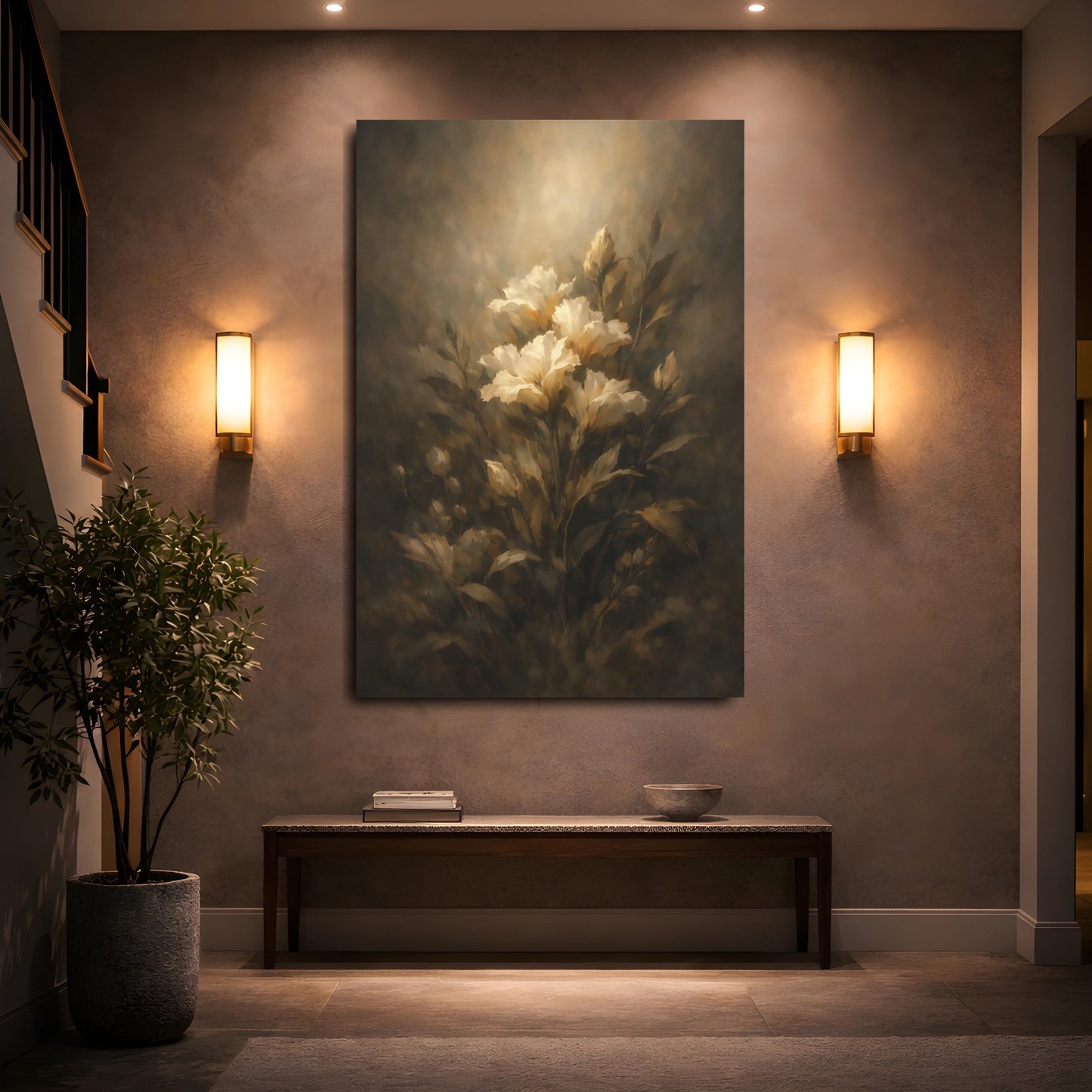 Mockup 4. Floral White Flowers Dark Floral Art shown as stretched canvas wall art