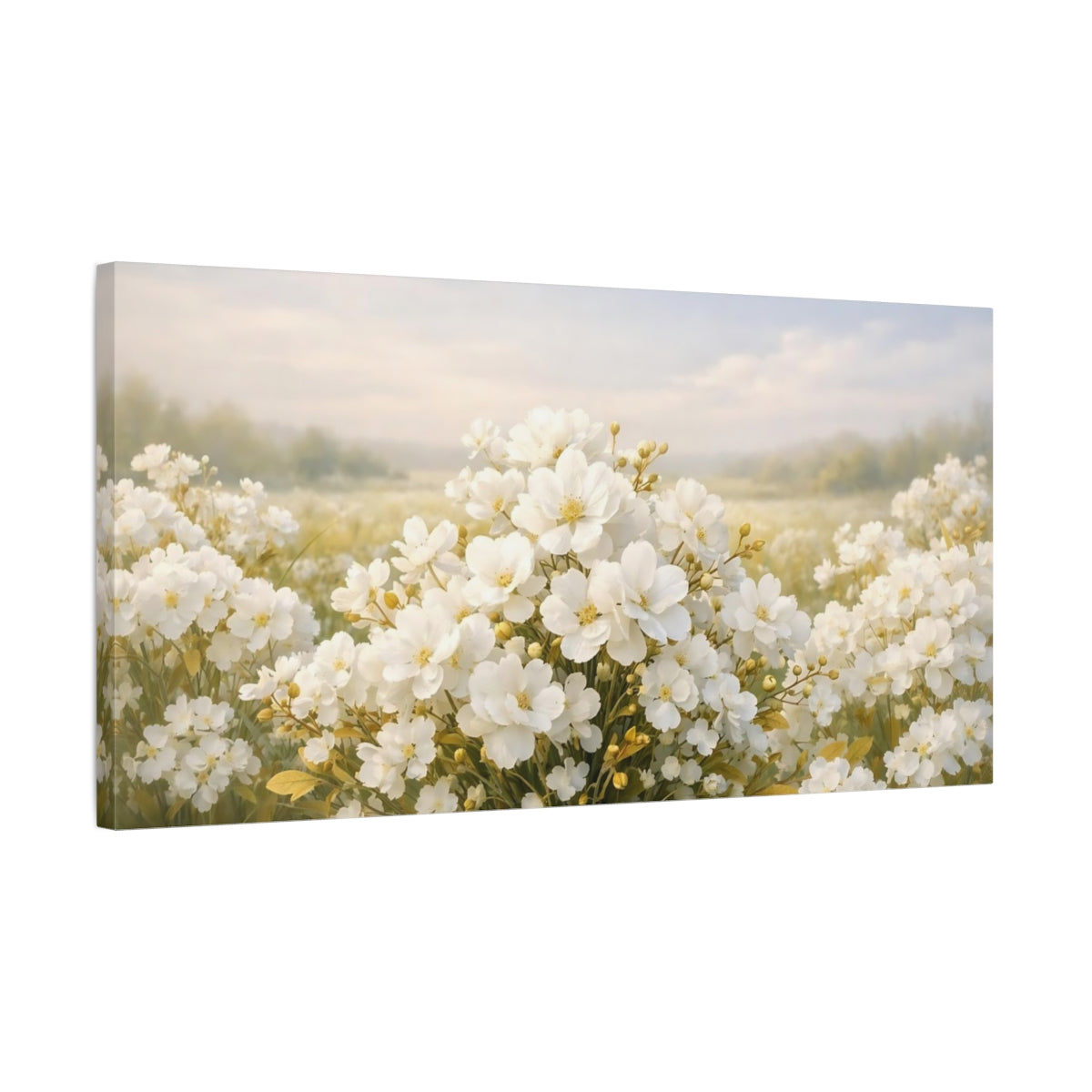 Side Mockup 2. Floral White Flowers White Flowers Field shown as stretched canvas wall art