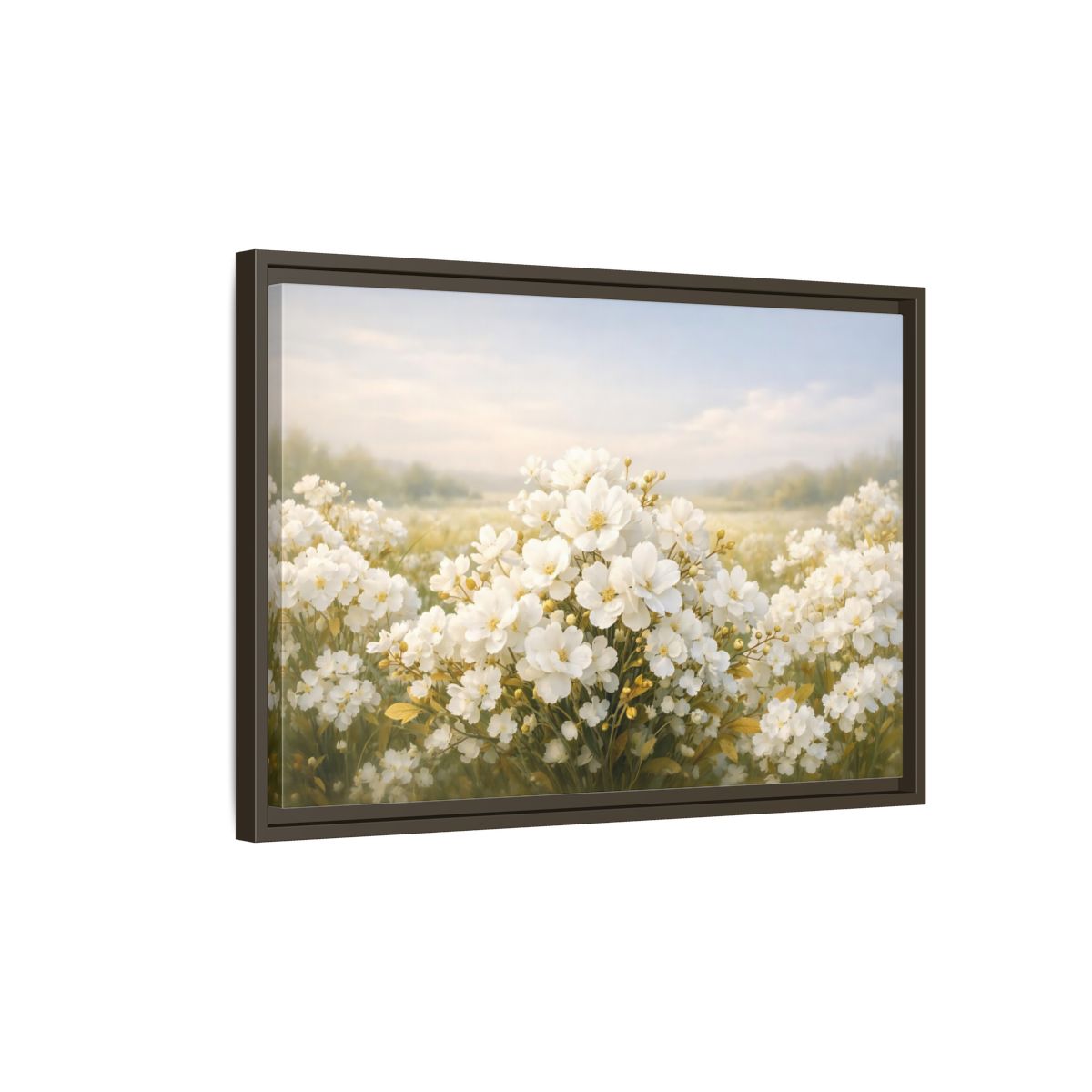Side Mockup 2. Floral White Flowers White Floral shown as stretched canvas wall art