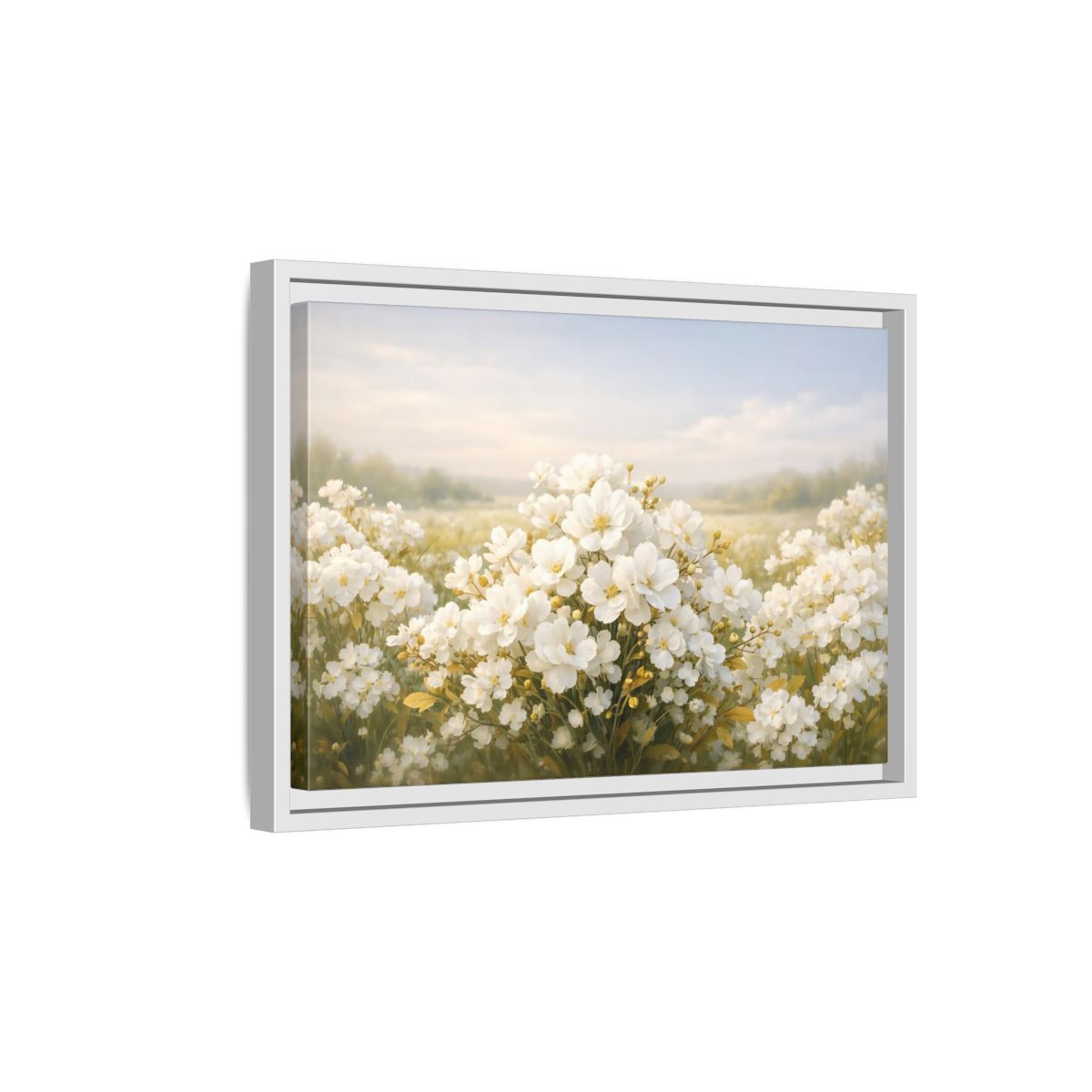 Side Mockup 4. Floral White Flowers White Floral shown as stretched canvas wall art