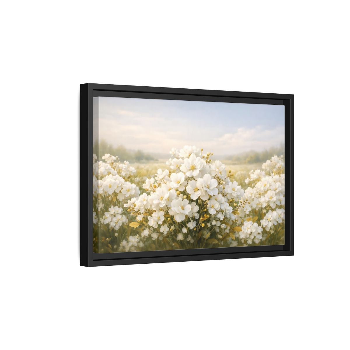 Side Mockup 6. Floral White Flowers White Floral shown as stretched canvas wall art