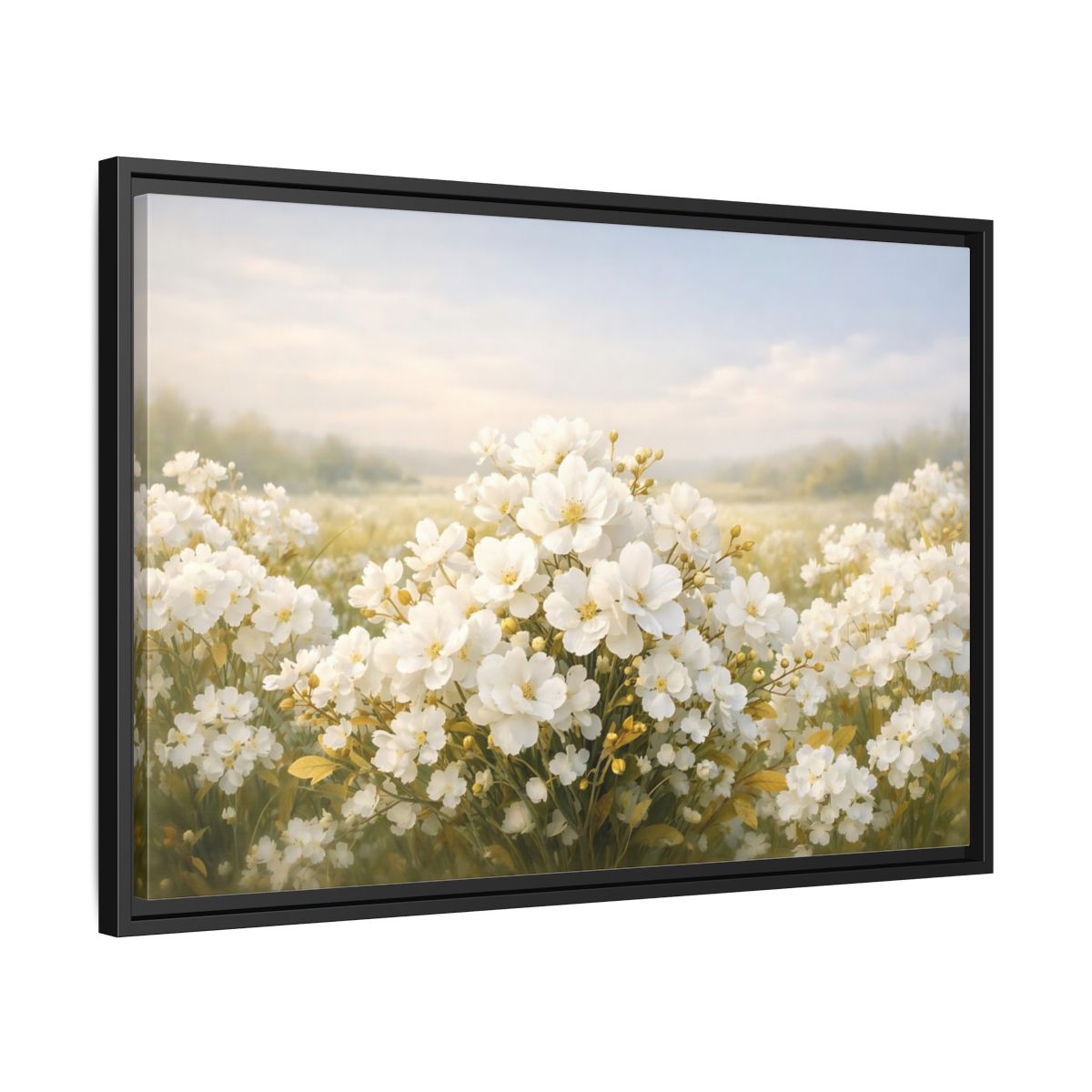 Side Mockup 14. Floral White Flowers White Floral shown as stretched canvas wall art