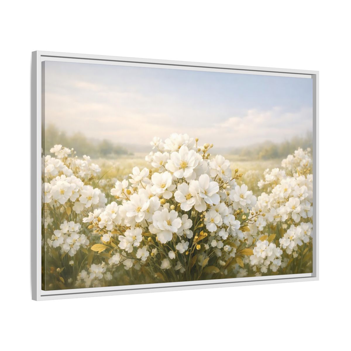 Side Mockup 8. Floral White Flowers White Floral shown as stretched canvas wall art