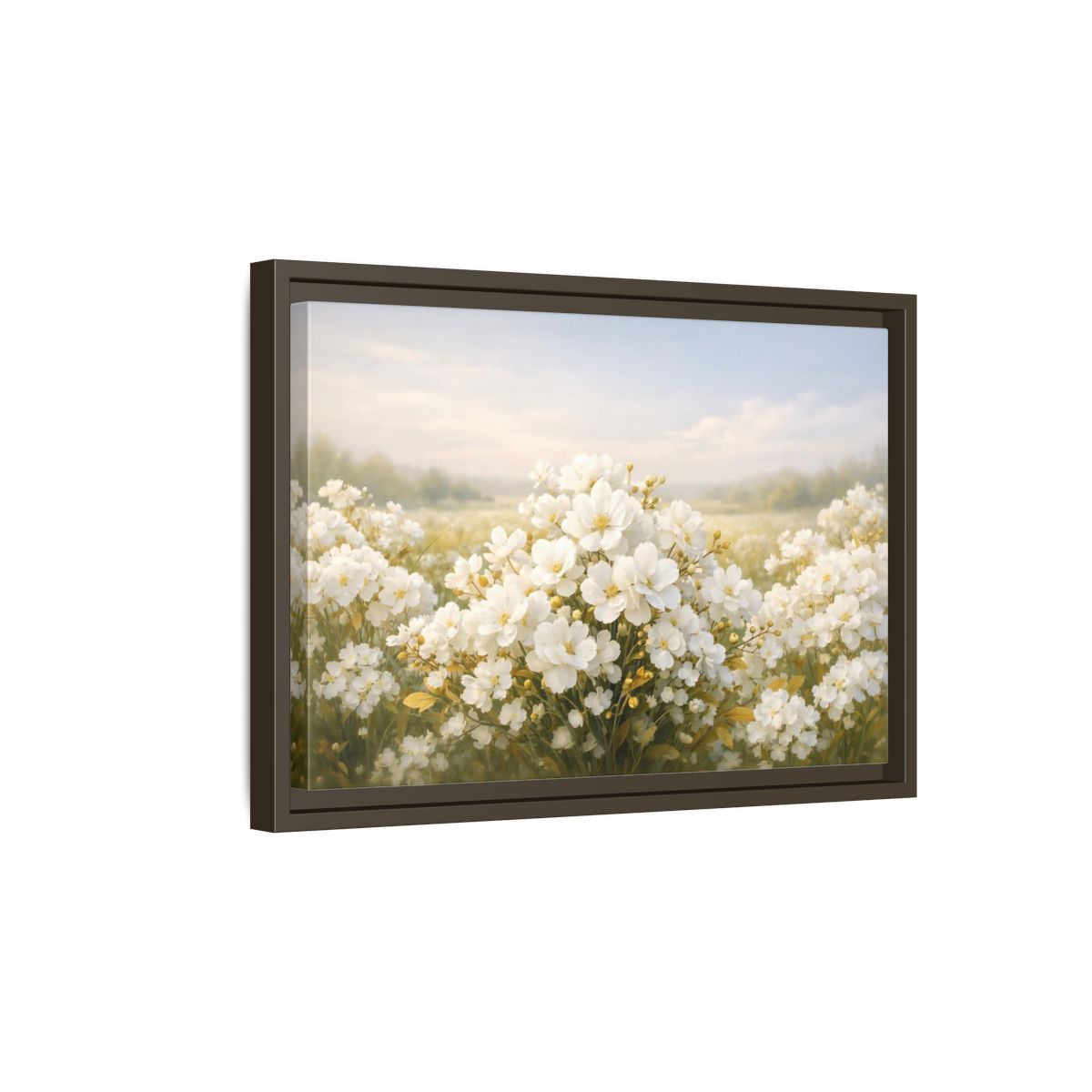 Side Mockup 5. Floral White Flowers White Floral shown as stretched canvas wall art