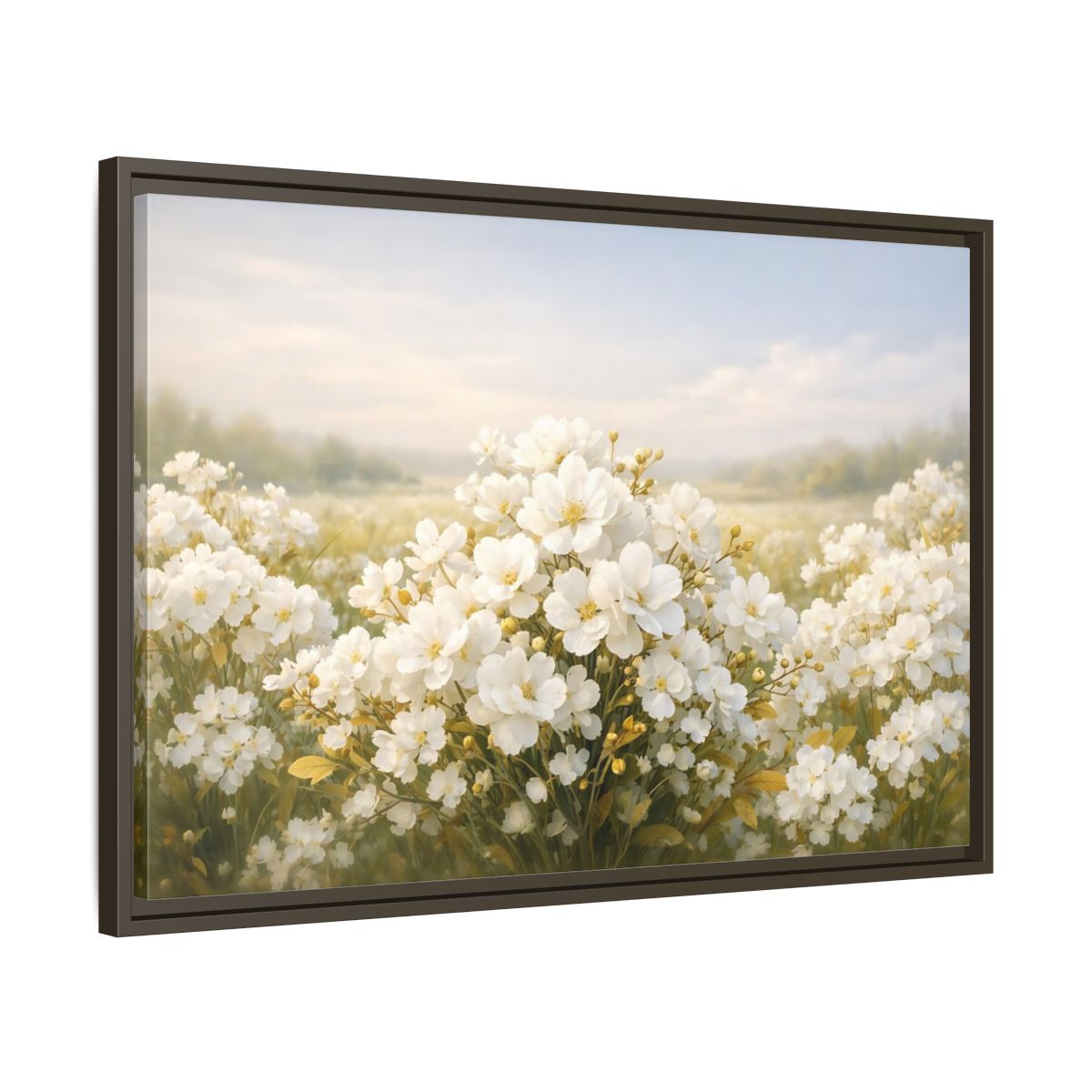 Side Mockup 11. Floral White Flowers White Floral shown as stretched canvas wall art
