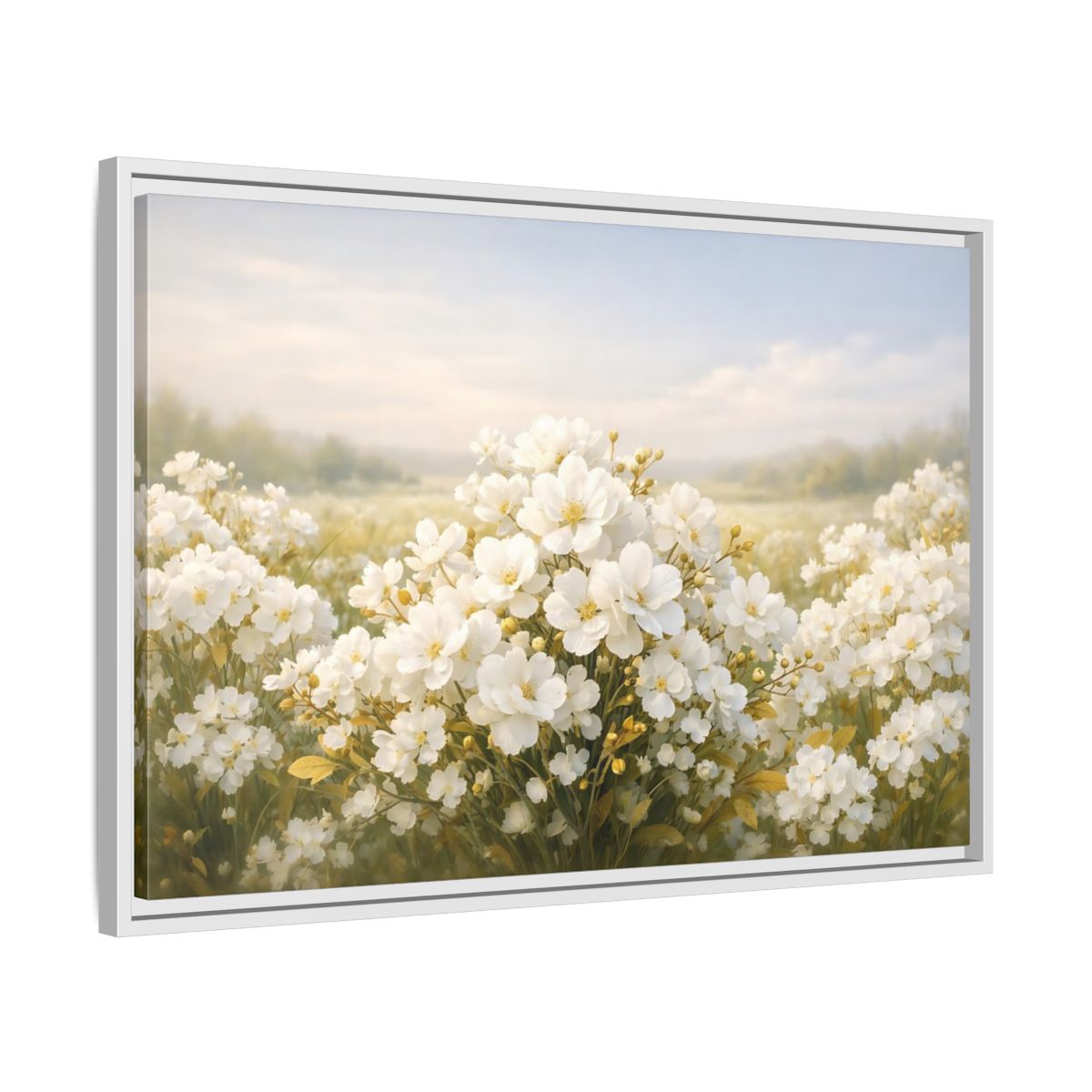 Side Mockup 10. Floral White Flowers White Floral shown as stretched canvas wall art