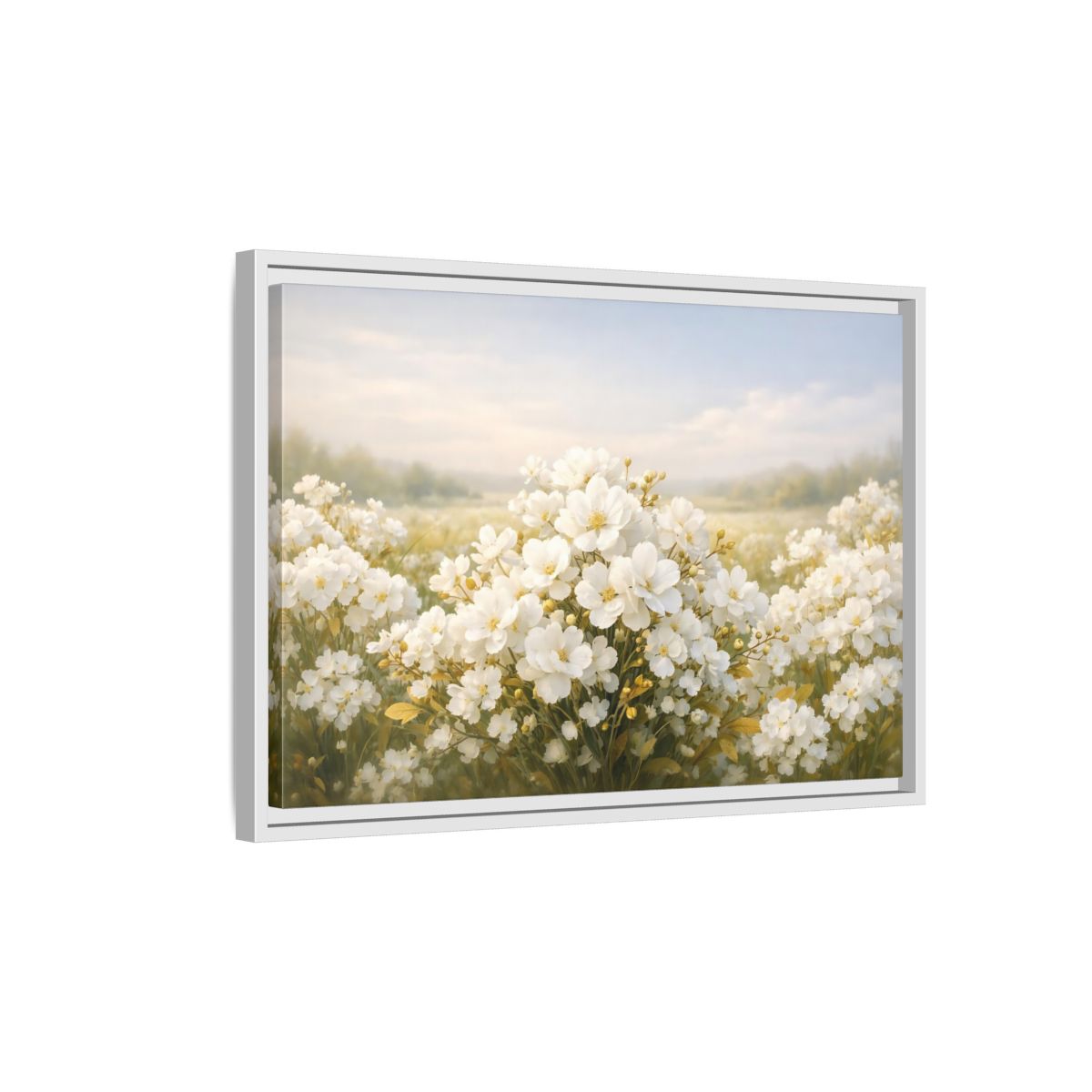 Side Mockup 1. Floral White Flowers White Floral shown as stretched canvas wall art