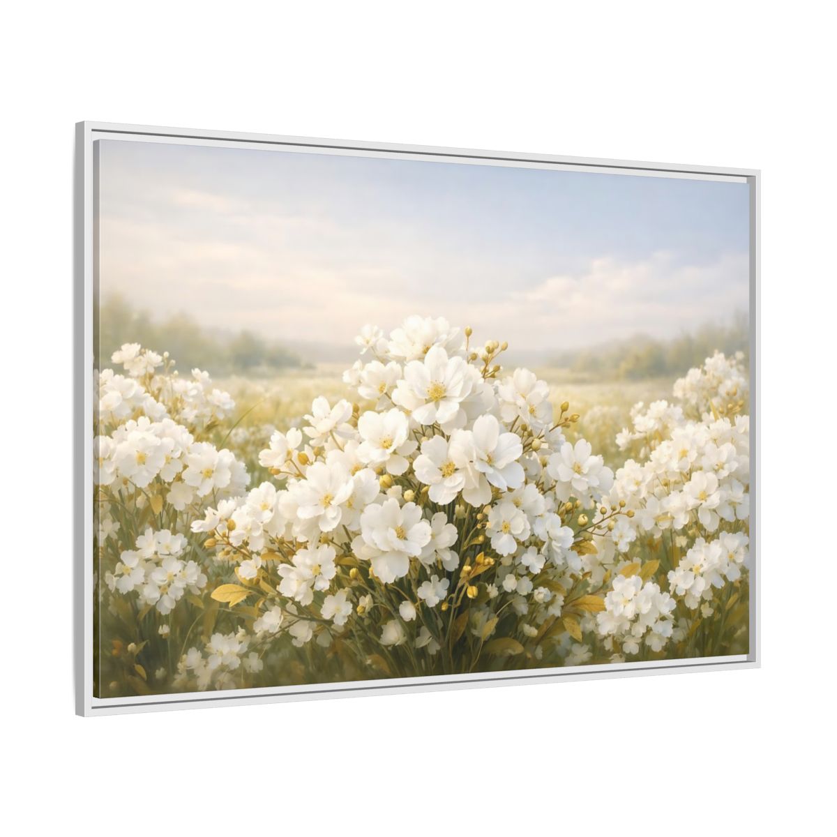 Side Mockup 7. Floral White Flowers White Floral shown as stretched canvas wall art