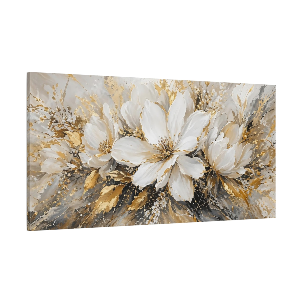 Side Mockup 2. Floral White Flowers White Gold Abstract shown as stretched canvas wall art