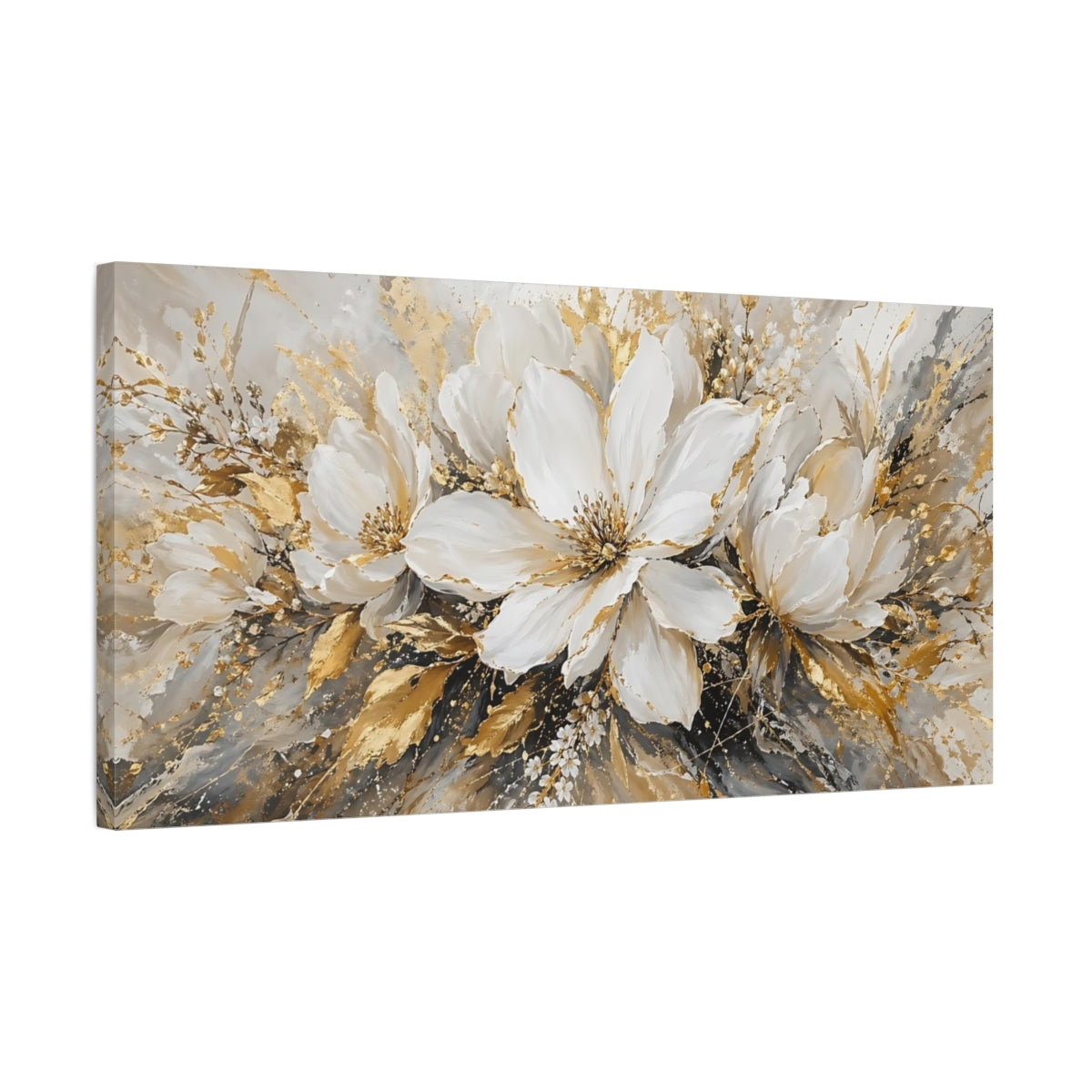Side Mockup 1. Floral White Flowers White Gold Abstract shown as stretched canvas wall art