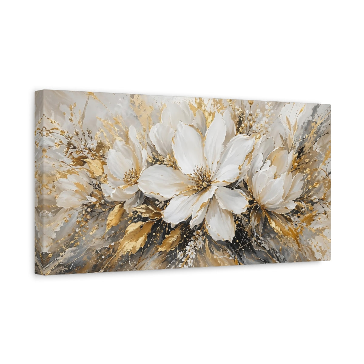Side Mockup 3. Floral White Flowers White Gold Abstract shown as stretched canvas wall art