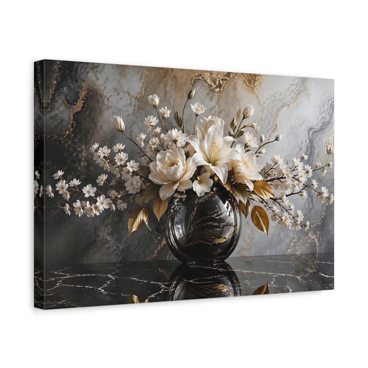 Side Mockup 4. Floral White Flowers White Gold Black shown as stretched canvas wall art