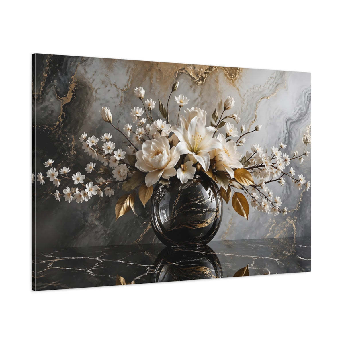 Side Mockup 1. Floral White Flowers White Gold Black shown as stretched canvas wall art