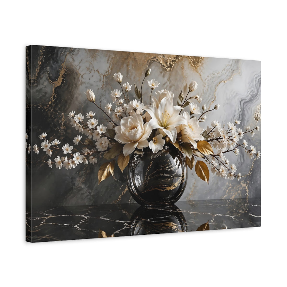 Side Mockup 3. Floral White Flowers White Gold Black shown as stretched canvas wall art