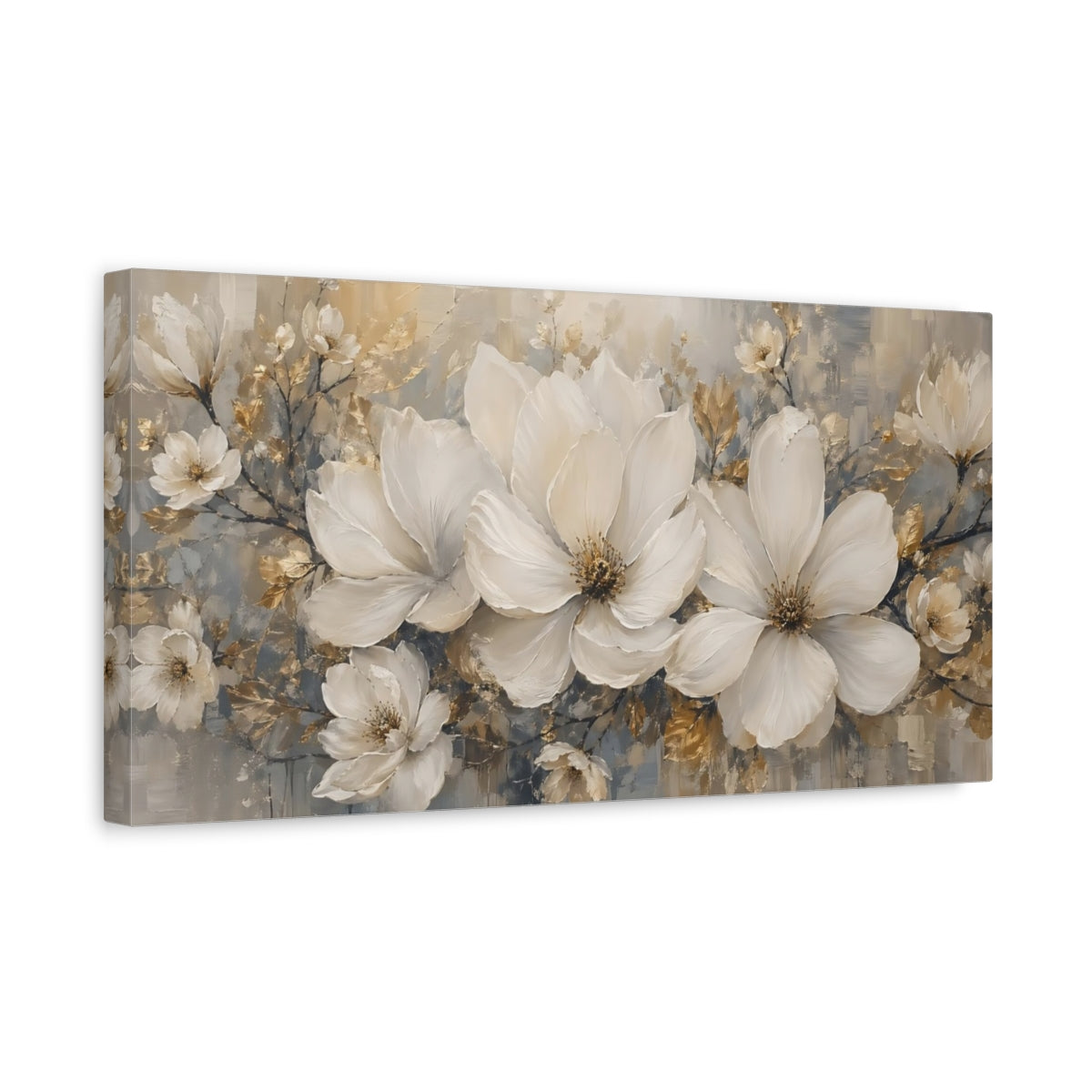 Side Mockup 3. Floral White Flowers Gold White Flowers shown as stretched canvas wall art