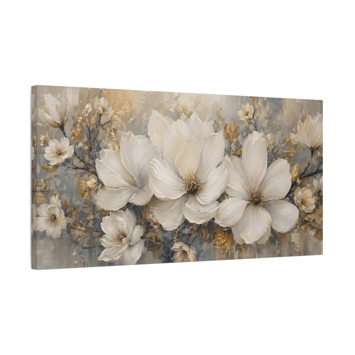 Side Mockup 1. Floral White Flowers Gold White Flowers shown as stretched canvas wall art