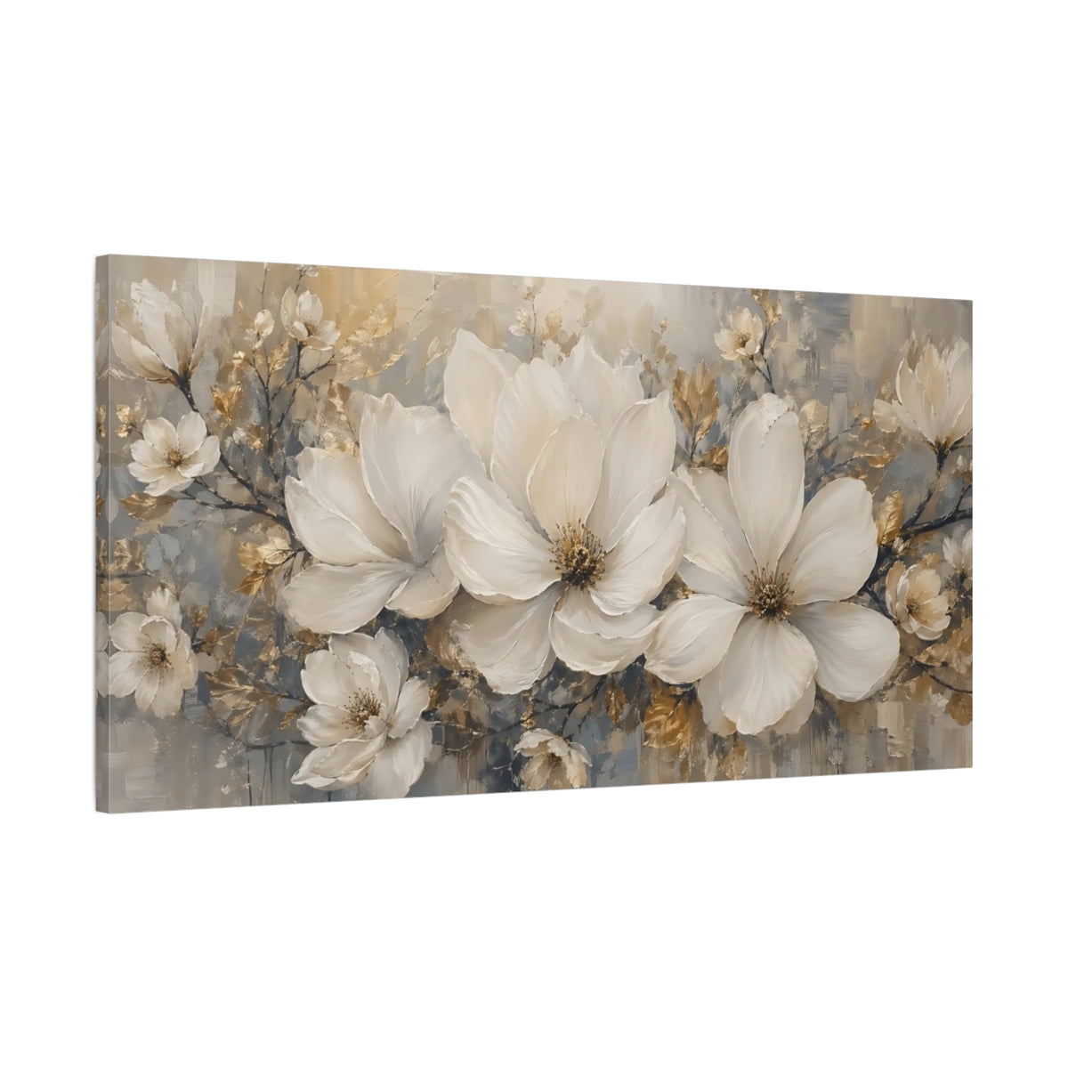 Main Mockup. Floral White Flowers Gold White Flowers shown as stretched canvas wall art