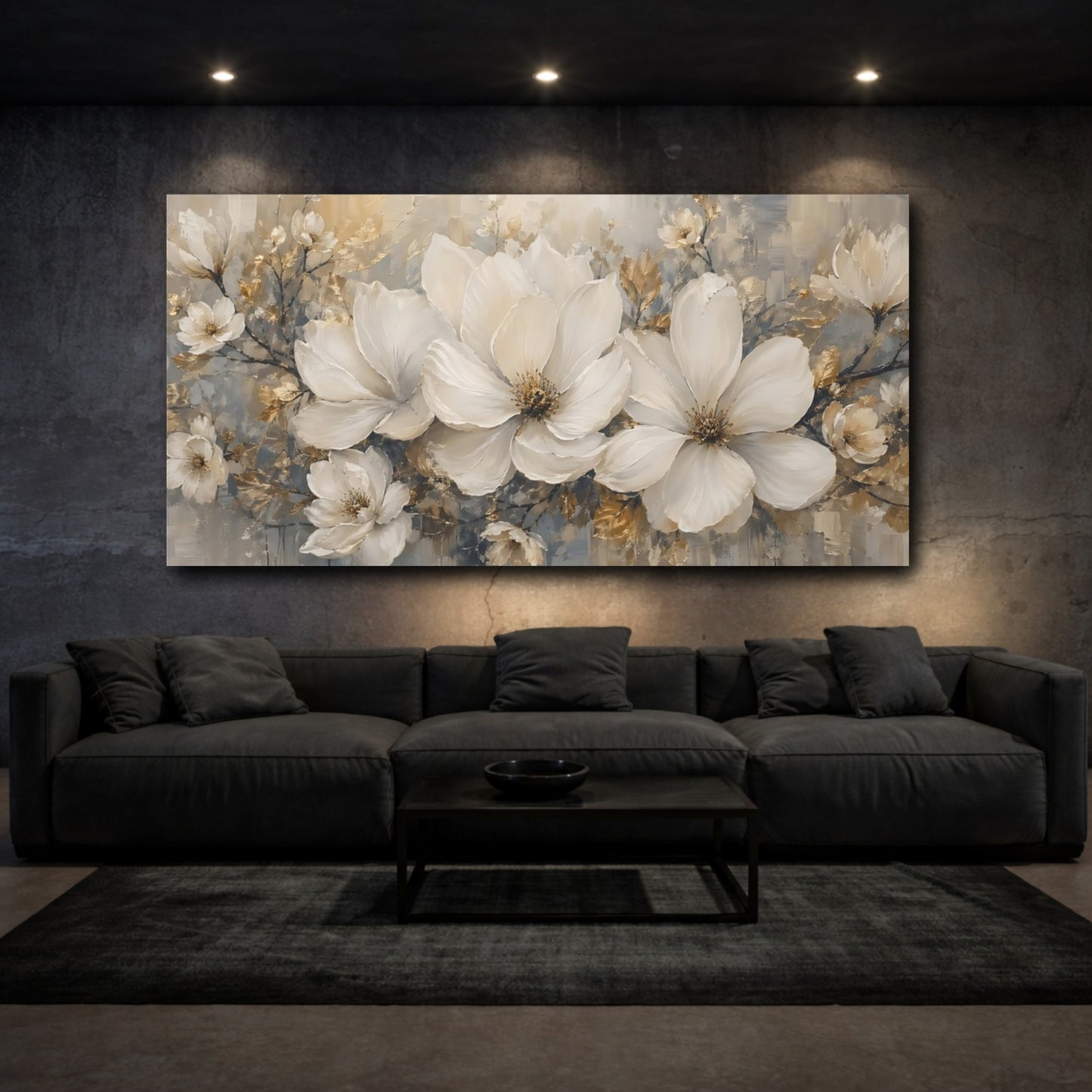 Mockup 2. Floral White Flowers Gold White Flowers shown as stretched canvas wall art