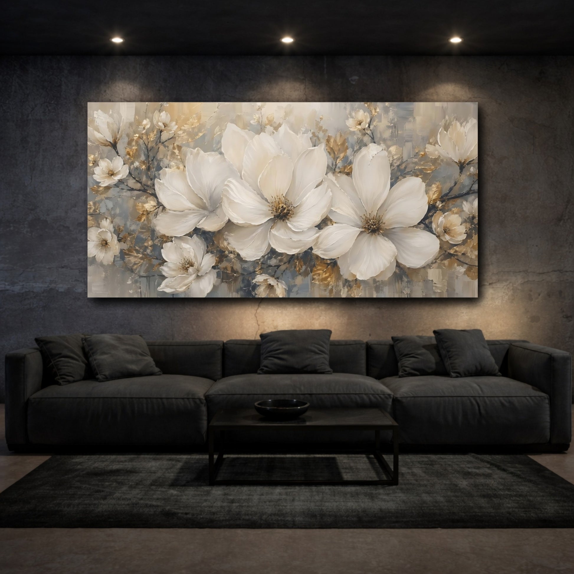 Mockup 2. Floral White Flowers Gold White Flowers shown as stretched canvas wall art