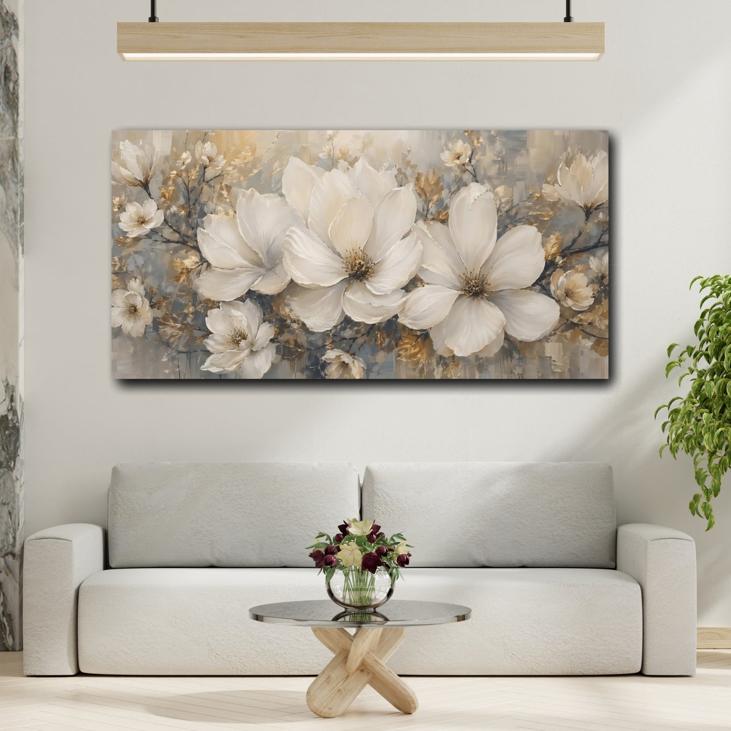 Mockup 3. Floral White Flowers Gold White Flowers shown as stretched canvas wall art