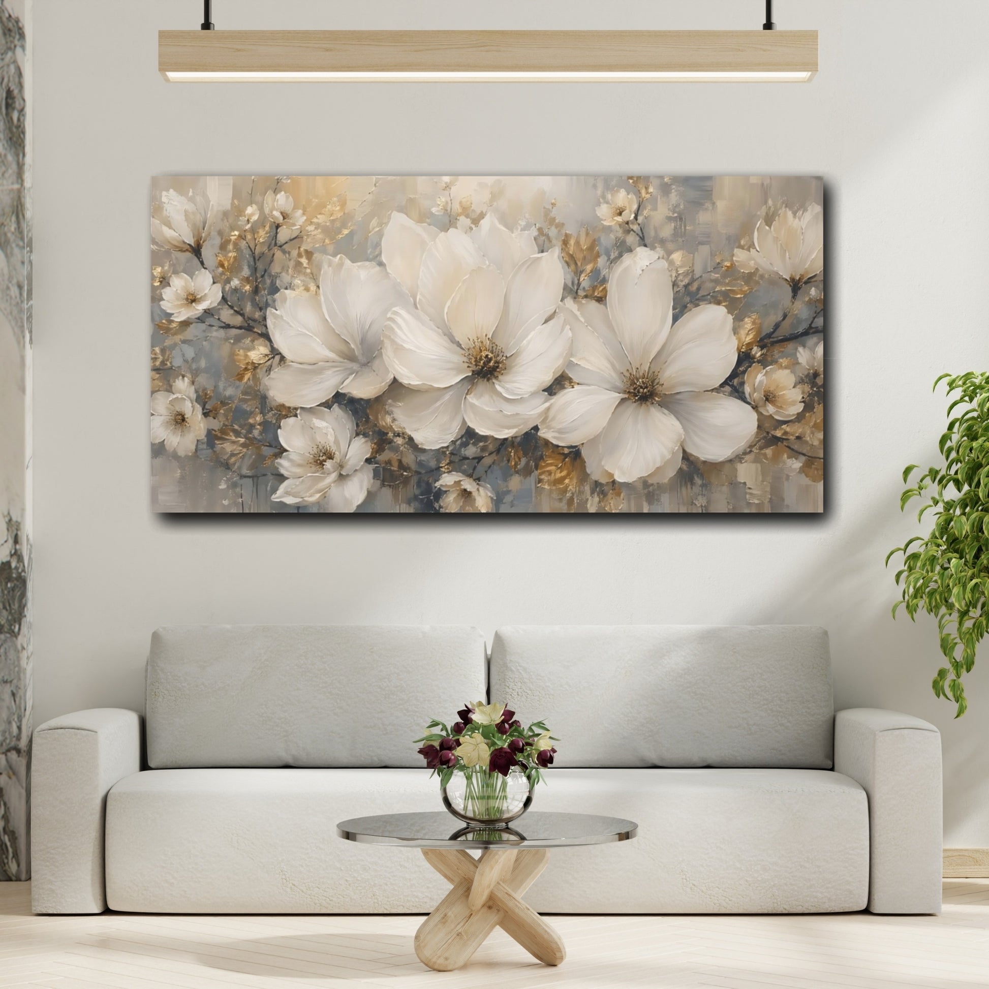 Mockup 3. Floral White Flowers Gold White Flowers shown as stretched canvas wall art