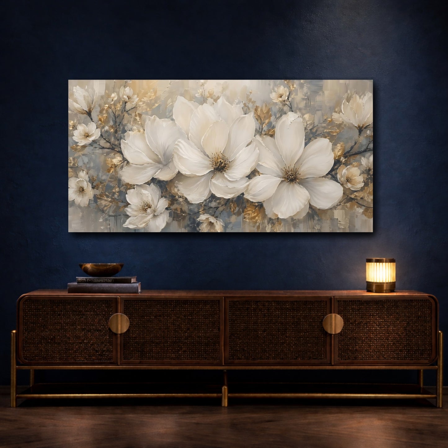 Mockup 4. Floral White Flowers Gold White Flowers shown as stretched canvas wall art