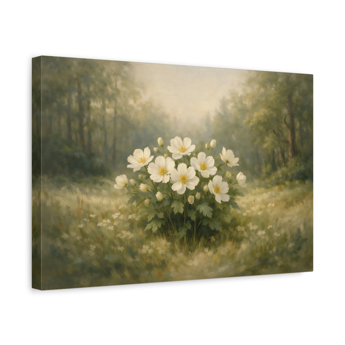 Side Mockup 4. Floral White Flowers White Flowers Green shown as stretched canvas wall art
