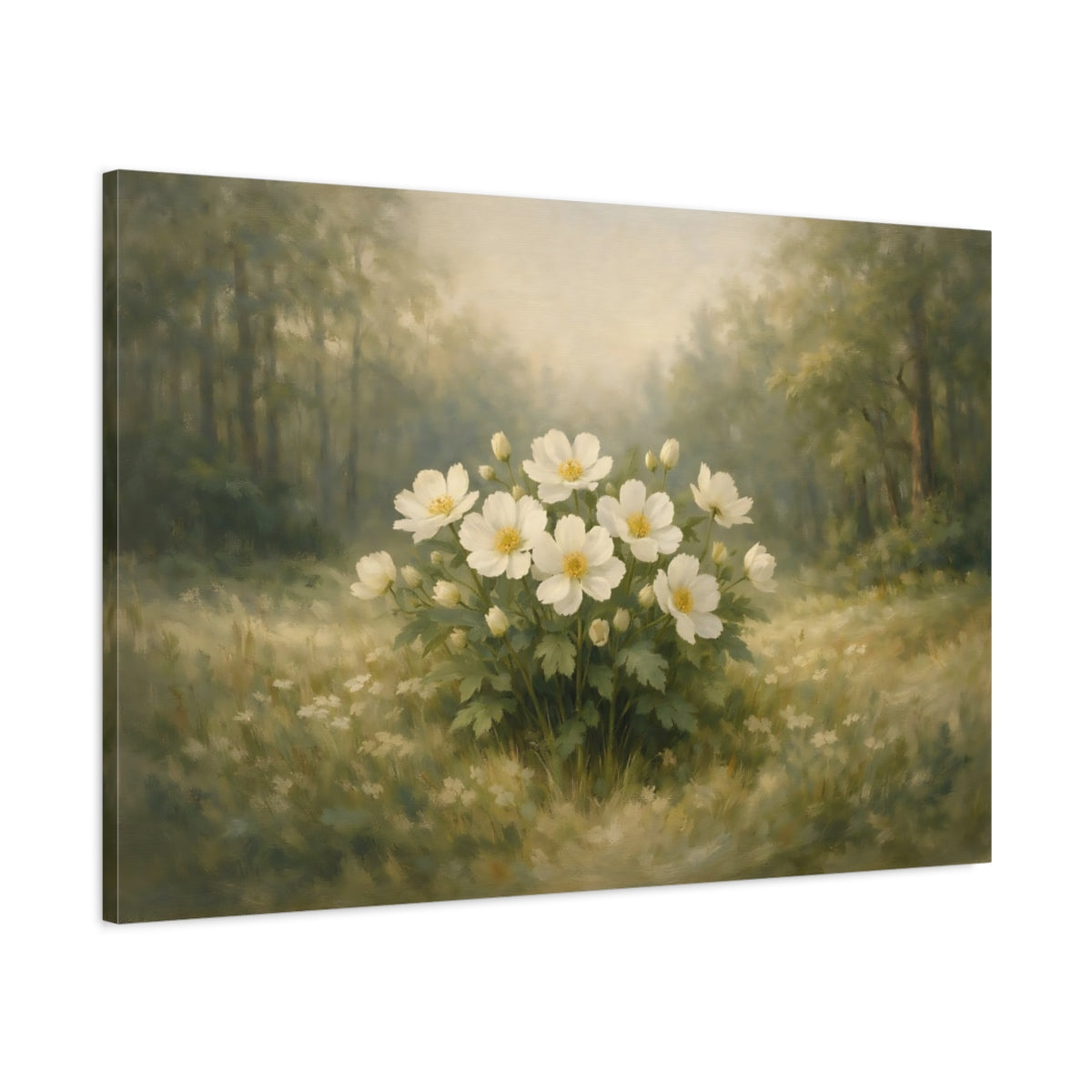 Side Mockup 1. Floral White Flowers White Flowers Green shown as stretched canvas wall art