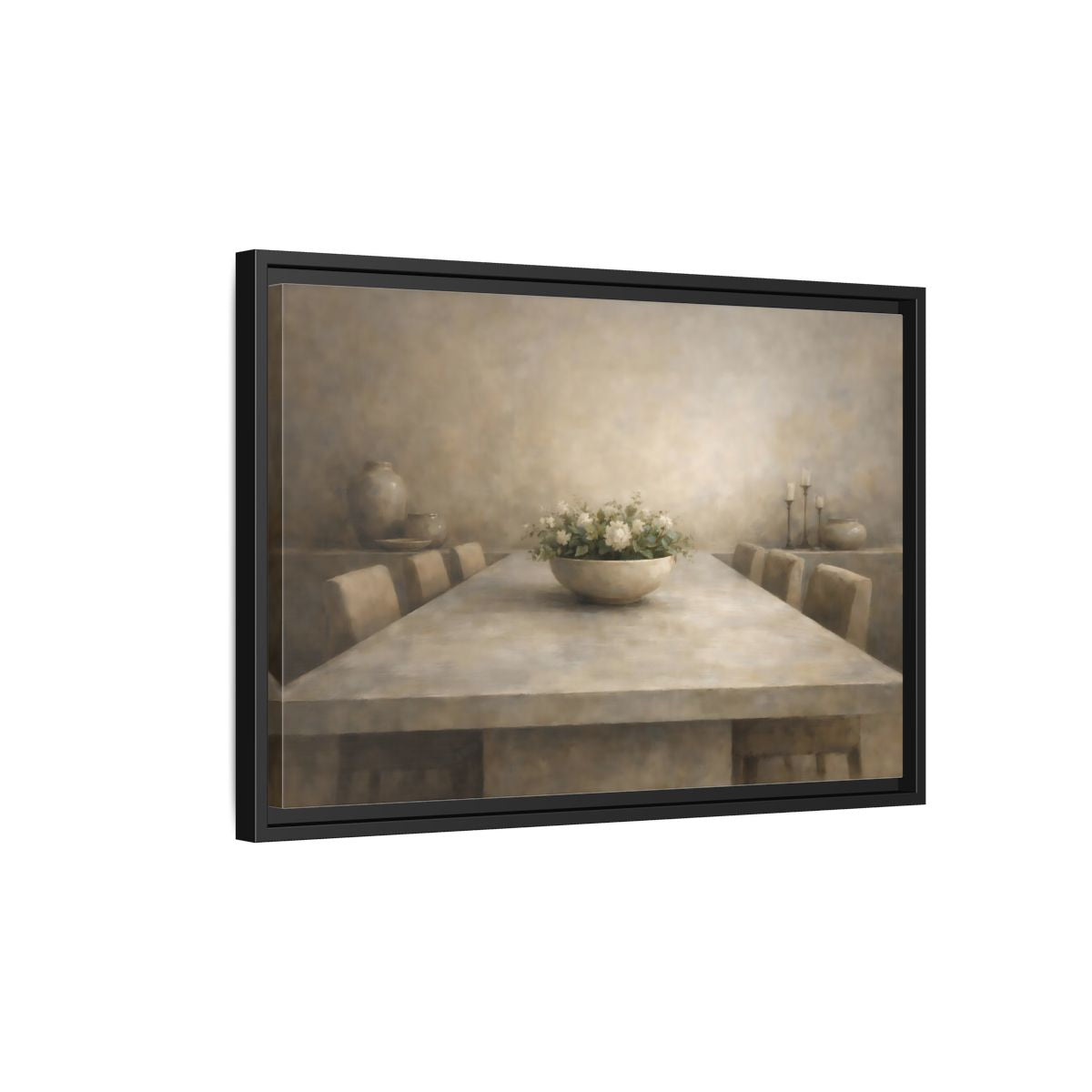 Side Mockup 3. Floral White Flowers Muted Tones shown as stretched canvas wall art